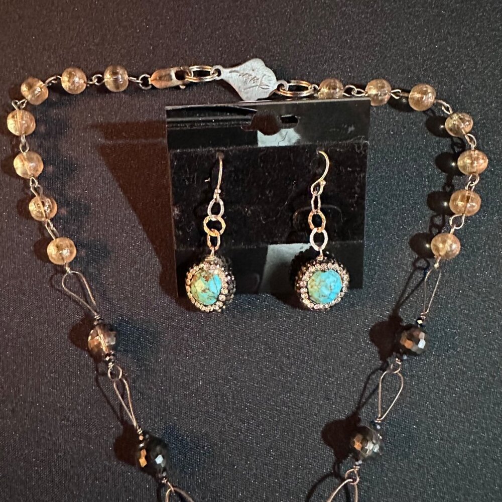 Keren Creations Turquoise Necklace & Earrings Jewelry Set With Crystal Accents - Picture 3 of 9